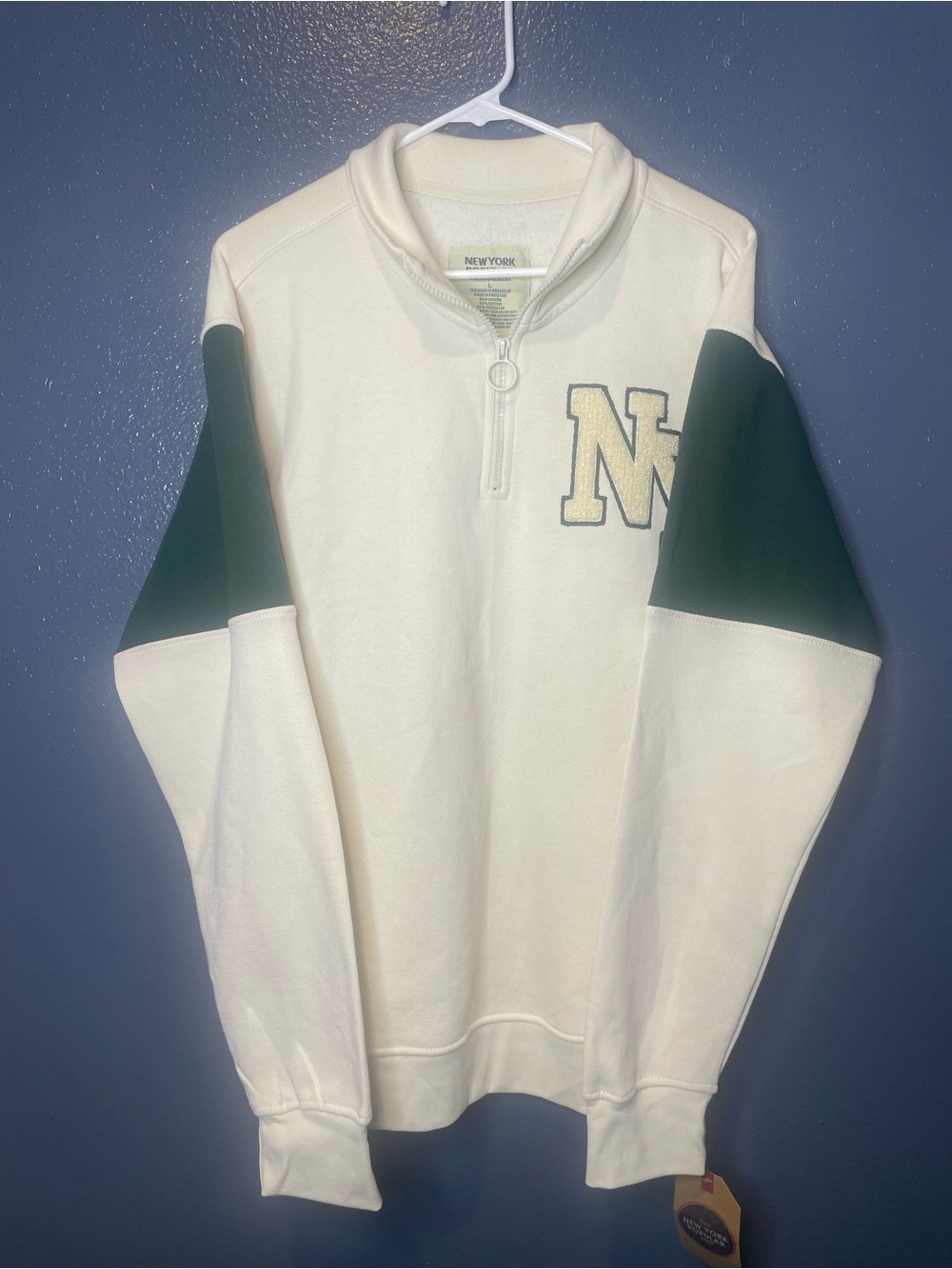 New York popular Men’s NY Quarter-Zip Pullover Sweatshirt-Cream/Green Lg SKU12